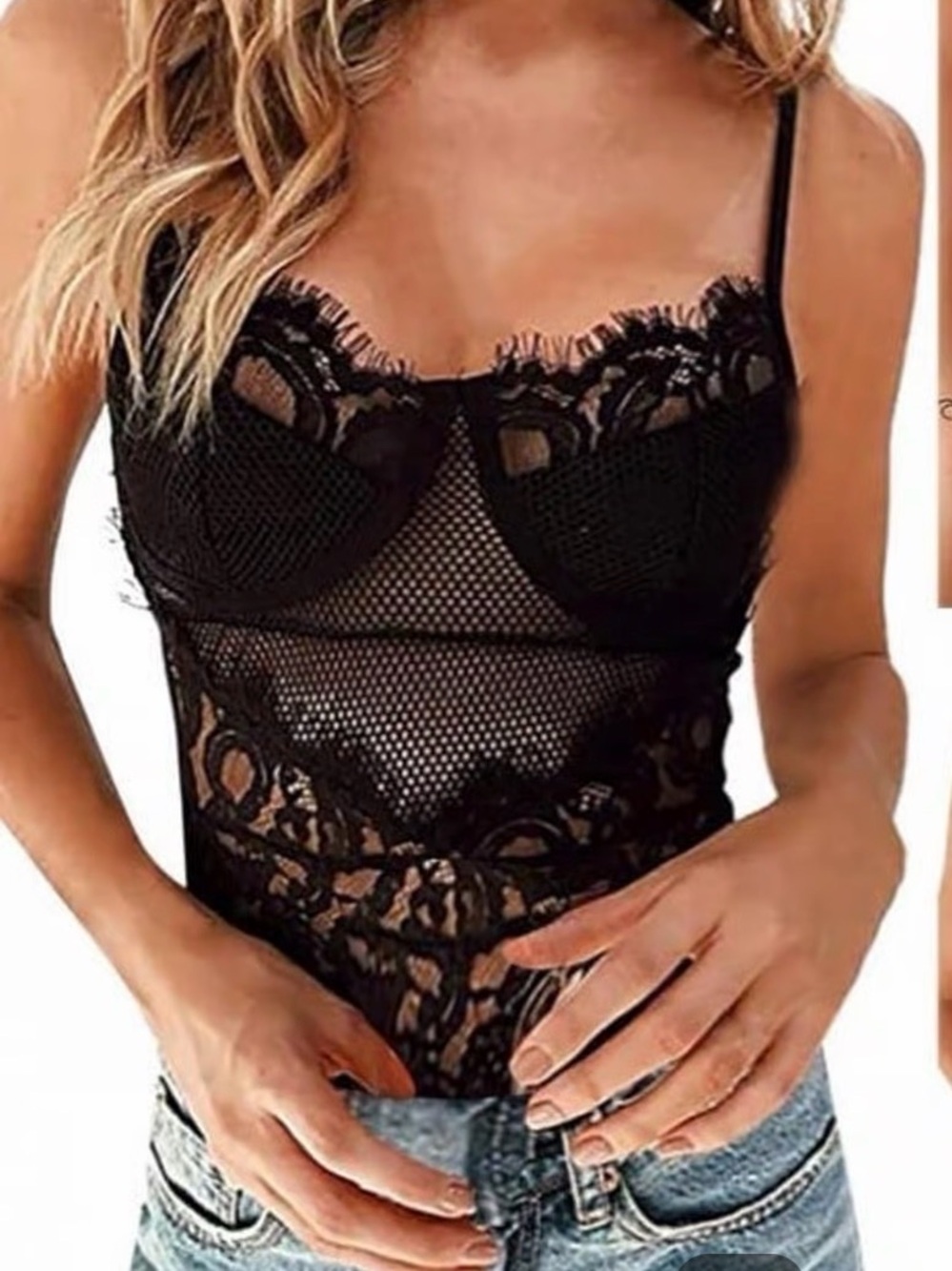 Black Floral Lace Sheer Mesh Cami Bodysuit Size M